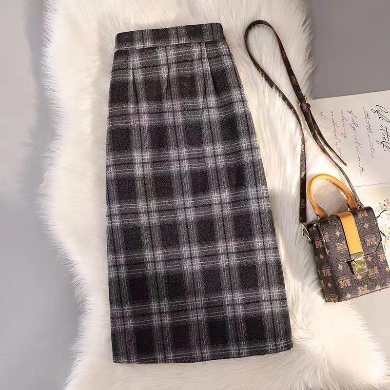 Ultra-Thick Woolen Plaid Midi Skirt - Women's High Waist A-line Bodycon for Autumn/Winter
