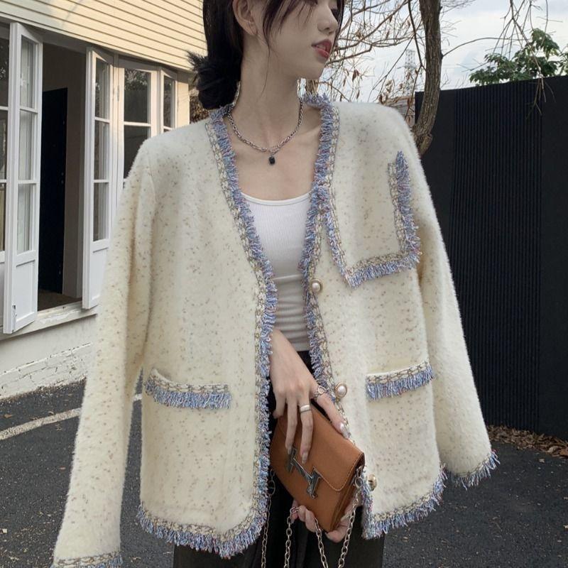 Кардиган, женское пальто на весну и осень, высококачественный французский уникальный шерстяной топ, осень 2023, повседневный кардиган с длинными рукавами, женское пальто