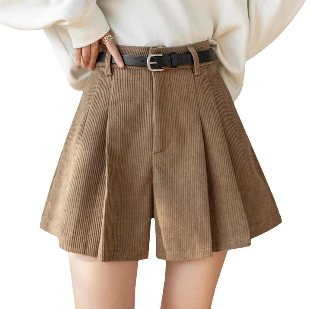 Women's High Waist A-line Khaki Corduroy Pleated Skirt Shorts - Autumn/Winter European Style Casual Wear