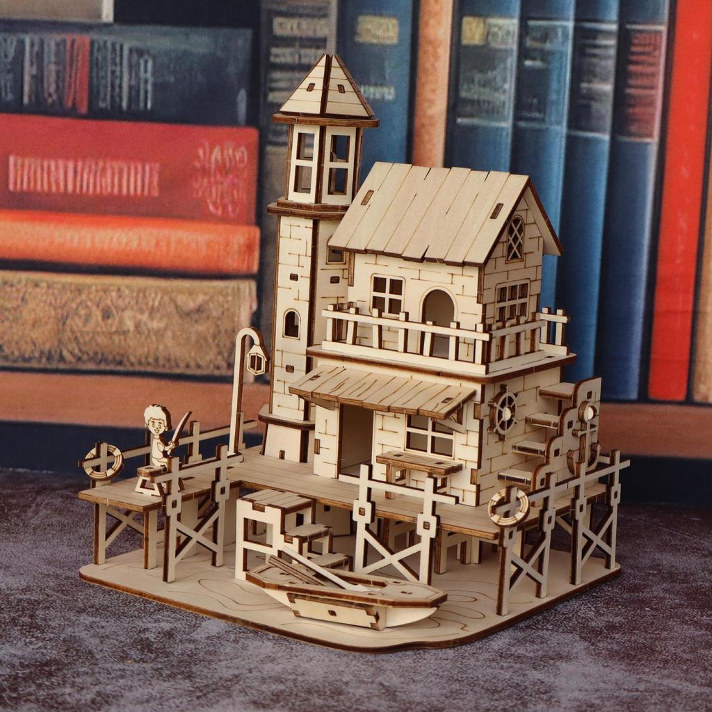 Деревянная 3D-головоломка Модель домика рыбака Ручная сборка DIY Образовательные игрушки Креативные украшения В коробке для возраста 14+