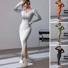 Women Spring Fall Dress V Neck Slit Hem Thread Slim Fit Long Sleeves