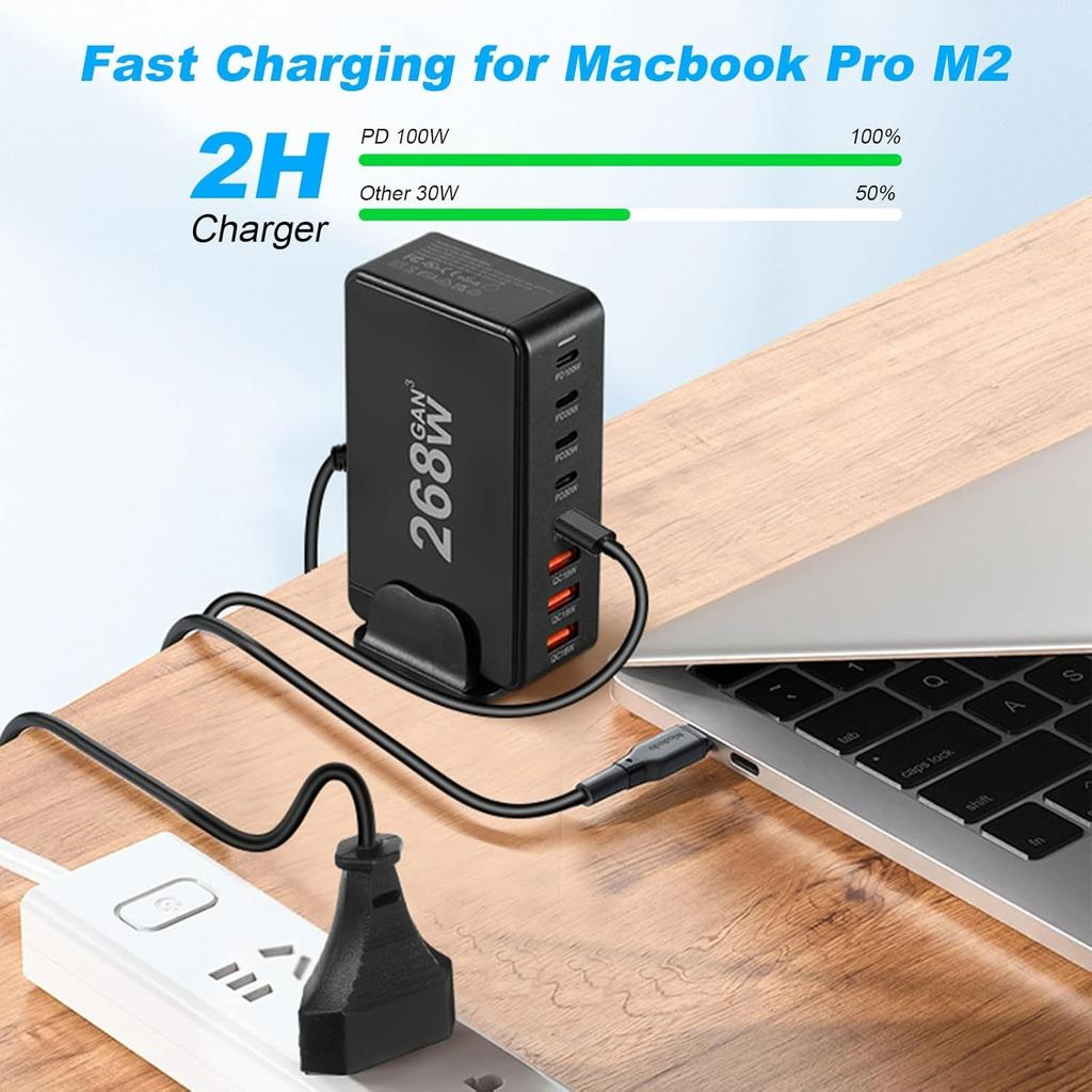 Новое быстрое зарядное устройство Gan USB C мощностью 268 Вт, 6-портовая зарядная станция-концентратор, быстрое компактное зарядное устройство GaN, адаптер питания, совместимое с M