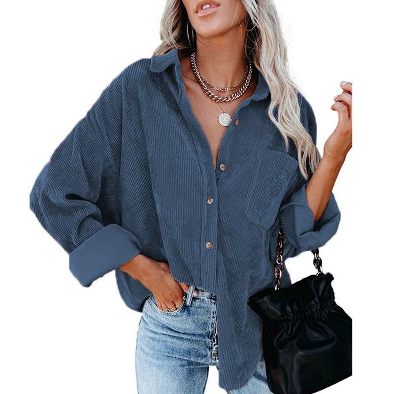 Хлопковая Повседневная вельветовая блузка женская в полоску размера плюс женская рубашка-куртка винтажная пуговица с карманом свободные модные блузки топы 17787