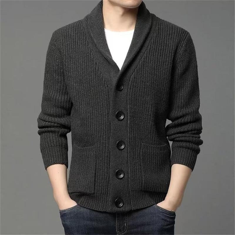 Autumn Winter Men's Thick Button Cardigan Green Fruit Collar Sweater V-neck Solid Color Casual Sweater