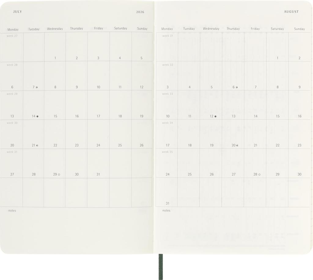 Ежедневник Moleskine 2025, с началом в июле, 18-месячный, еженедельный, с мягкой обложкой, большого размера (13см Ш x 21см В), Миртовый зеленый, DSK1518WN3Y26