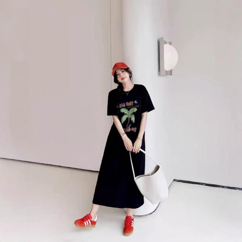 Женское платье-футболка большого размера с принтом, длинное выше колена, летнее повседневное платье с короткими рукавами и ленивым ветром