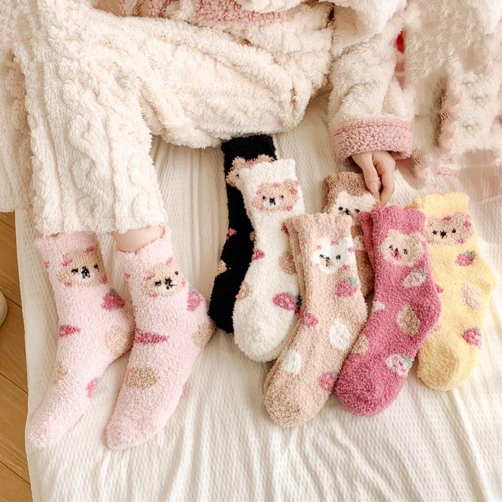 7 пар утолщенных носков из флиса с изображением медведя, плюшевые носки для сна для женщин, милые носки из кораллового флиса для девочек