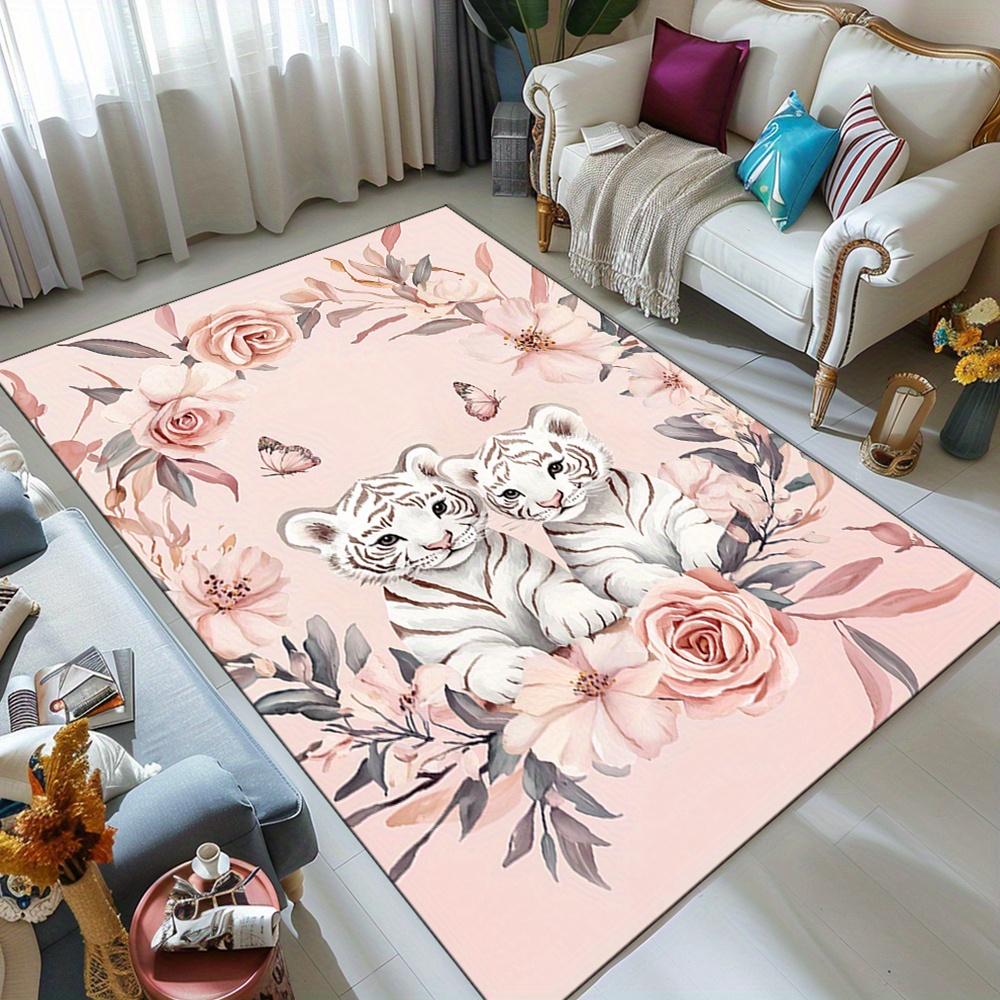 Ковер из кристального бархата с тиграми и цветами - Прочный полиэстеровый коврик для стула для спальни, гардеробной, читального зала, гостиной и
