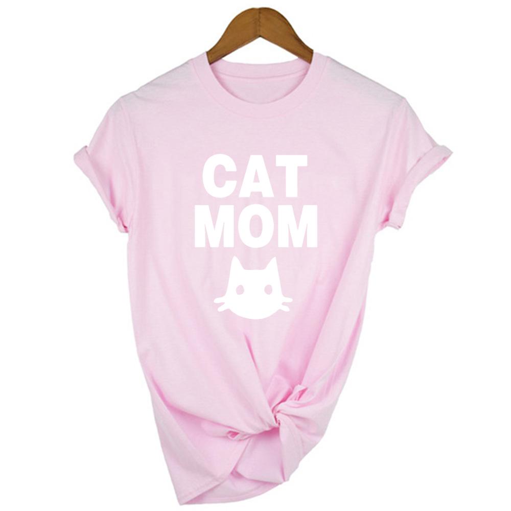Stay At Home Cat Mom Print Women Shirts Casual Cute Cartoon White Summer Short Sleeve O