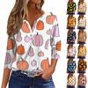 3/4 Length Sleeve Womens Tops Floral Halloween Print Vintage Fashion Casual Loose With V Neck Plus Size Shirts