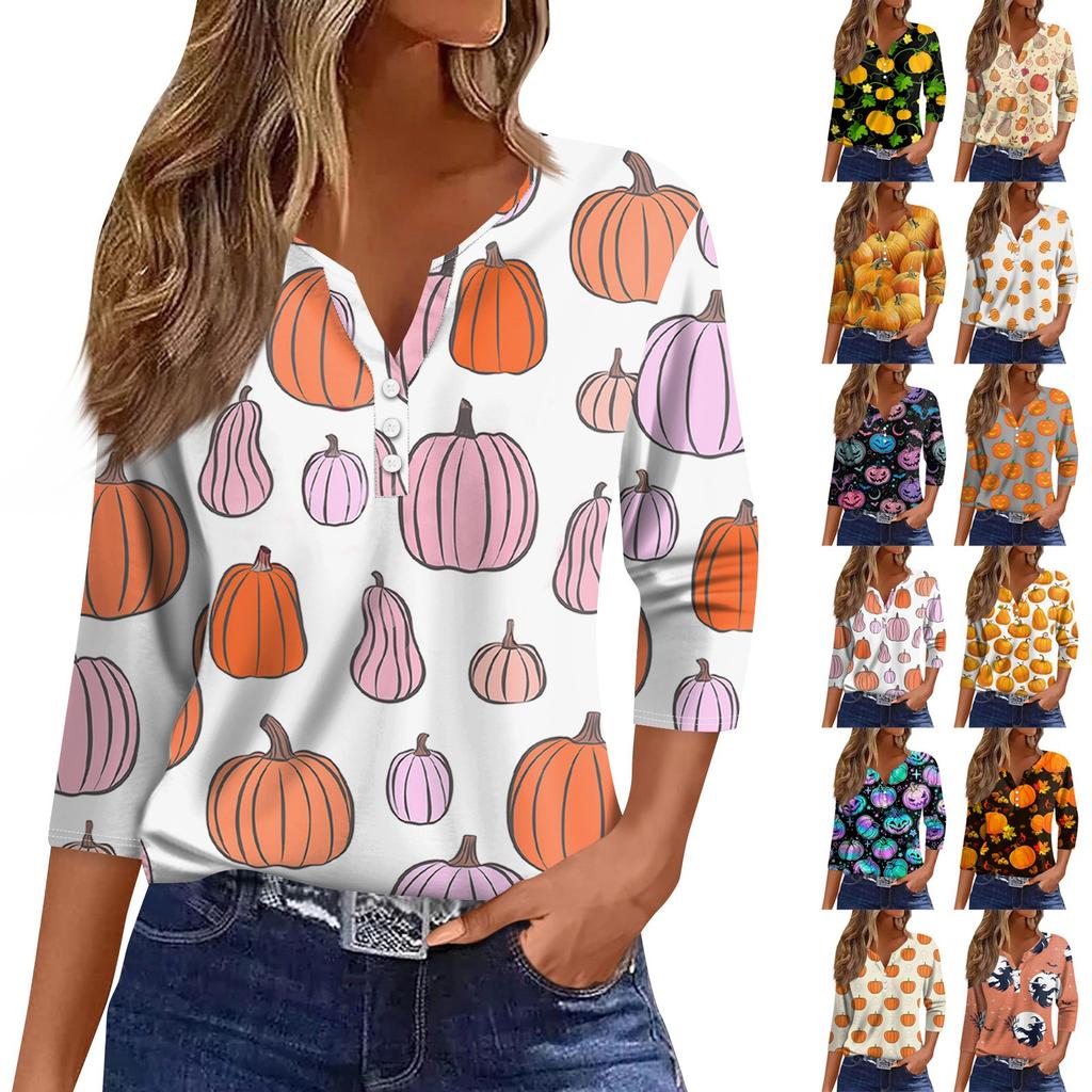 3/4 Length Sleeve Womens Tops Floral Halloween Print Vintage Fashion Casual Loose With V Neck Plus Size Shirts
