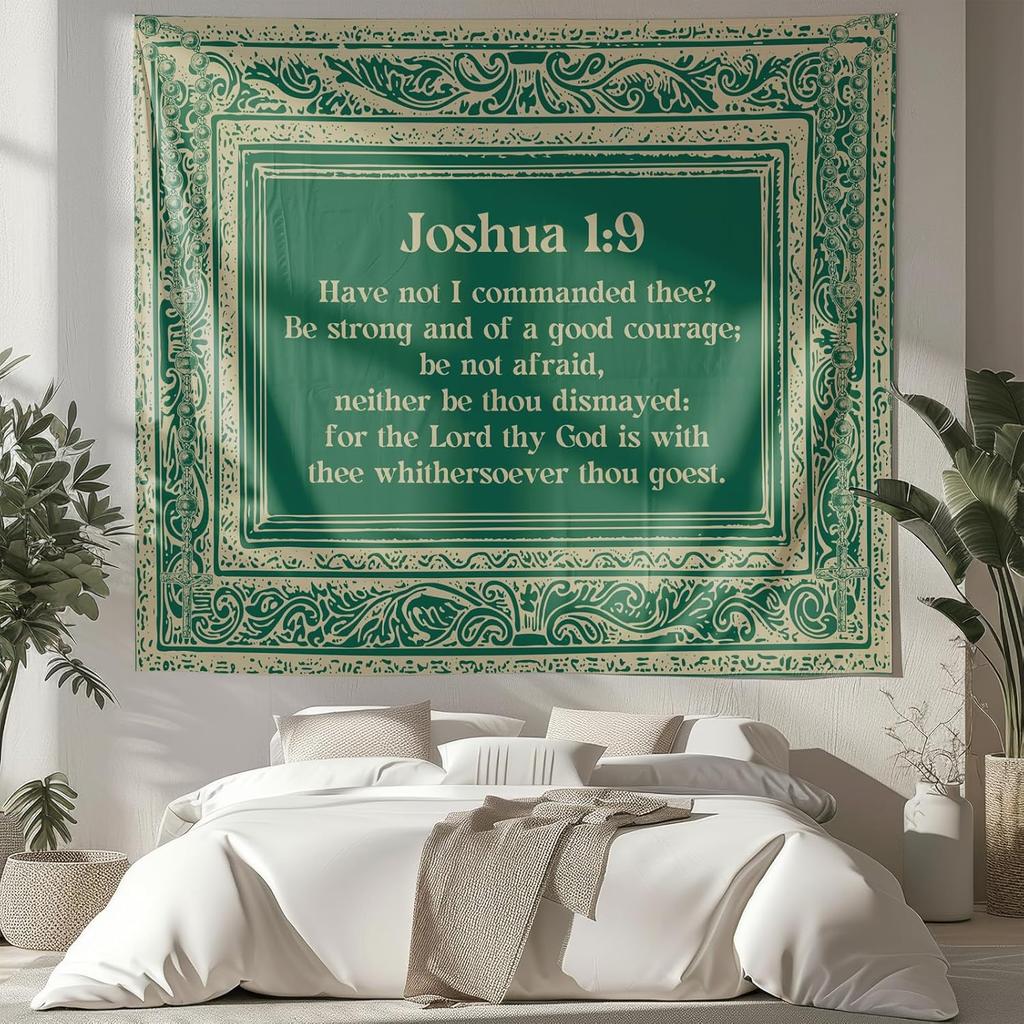 NIPINUS Christian Wall Tapestry with Bible Verses - Joshua1:9,Large tapestry wall hanging,Green Retro Motivational Flags Tapestry for Bedroom, Dorm,