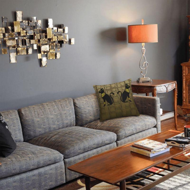 Египетская Богиня Кошка На Золотой Орнаментальной Плитке Подушка Декорация Египет Иероглифическая Подушка Декорация Салон Квадратная Наволочка