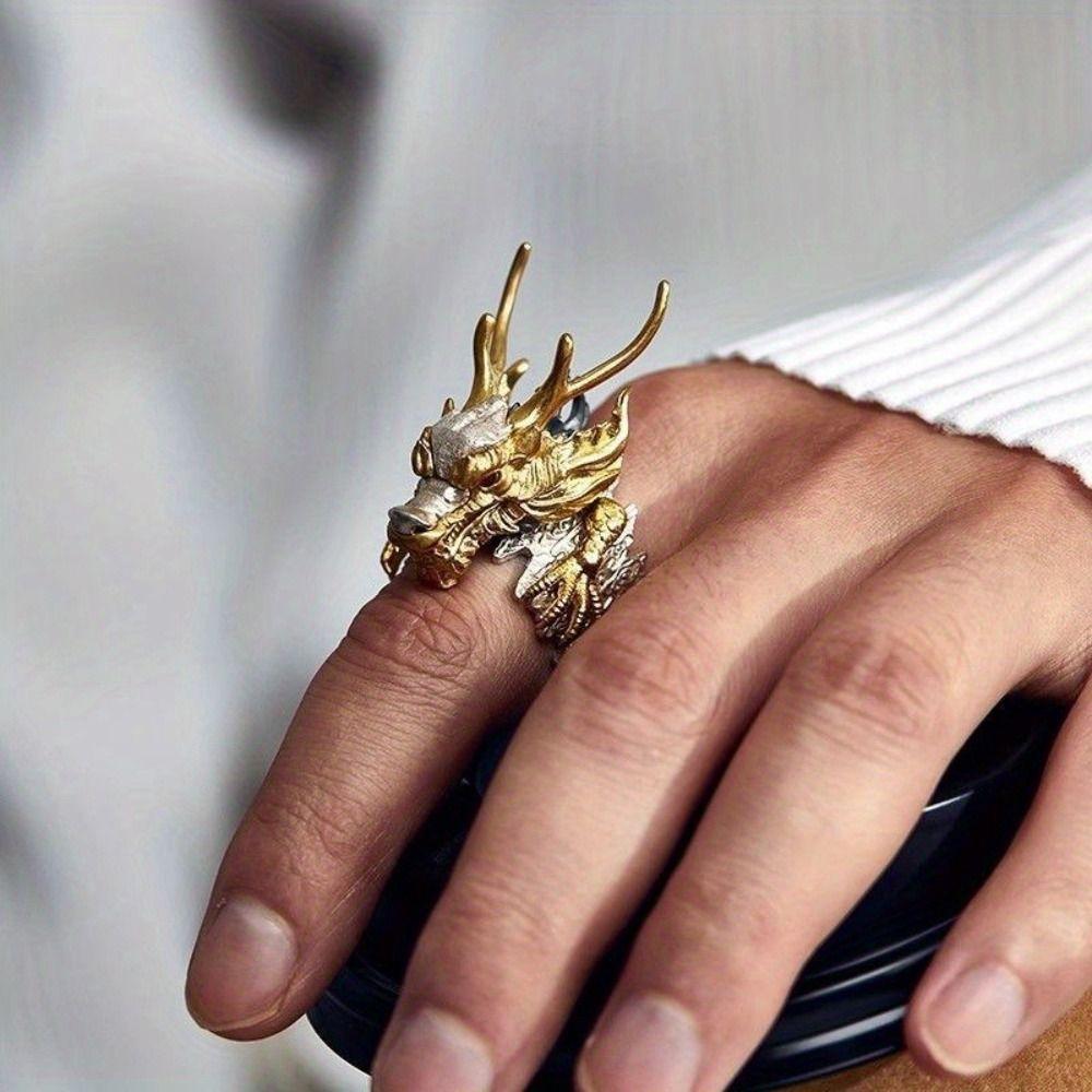 Two Tone Dragon Head Rings Gold Plated Dragon Shape Ring Trendy Animal Ring Index Finger Ring