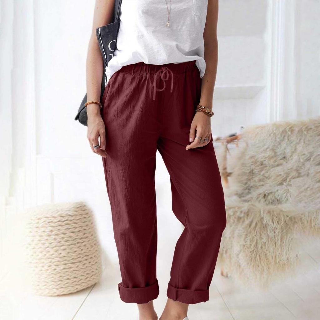 Women's Pants, Casual Solid Color Pocket Pants Elastic Waist Loose Straight Leg Pants