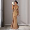 Women Evening Dress V Neck Mesh Patchwork Sequin Sleeveless Split Hem Mermaid Shape Slim Fit Prom Party Banquet Bride Maxi Dress