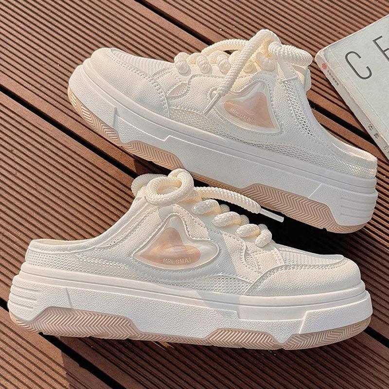 Летние полутапочки женские 2025 новые дышащие тонкие сетчатые туфли на платформе повседневные с одним педалем ленивые маленькие белые туфли