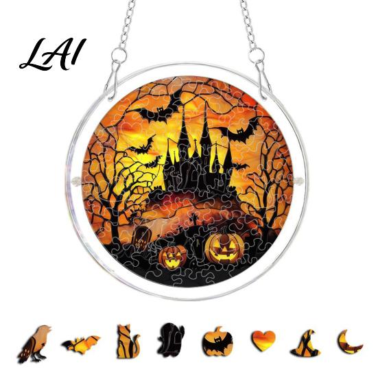Realistic Suncatcher Acrylic Puzzle Suncatcher Halloween Black Cat Castle Raven DIY Sun Catcher Kit Stained Glass Window Hanging Ornament for Home,