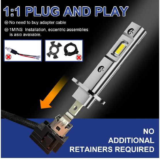 24V 36V 12V H1 LED Headlight 200000LM 6500K 500W 16PCS 7585 CSP Chip 1:1 Halogen Size Led H1 Fanless No Fan Mini Diode Truck Bus