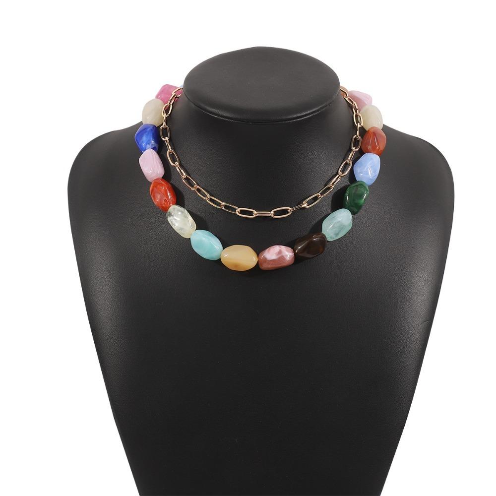 2Pcs/Set Stone Colorful Resin Necklace Multilayer Clavicle Chain Stone Beads Short Choker  Women