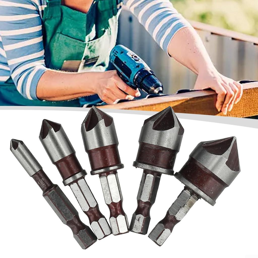 5 Piece Hex Shank 82 Degree 5 Flute Countersink Drill Bit Set For Metal Wood Plastic With Durable Construction And Reduced Vibration