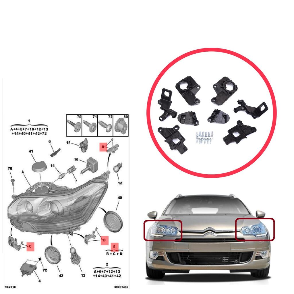 EHL576 Headlight Holder Mount Repair Bracket Tab Set Left Right Side for Citroen C5 MK2 MK3 RD TD RW X7 2008-2017 6212F0 6212F1