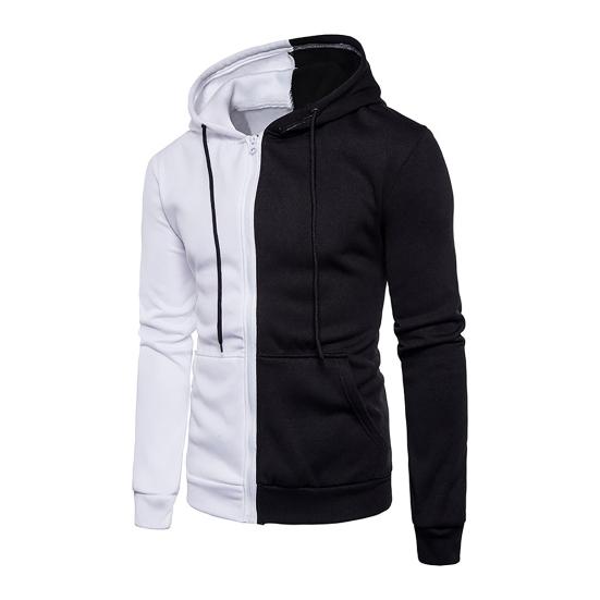 Hooded Zipper Closure Men Jacket Patchwork Long Sleeve Drawstring Side Pockets Sweatshirt Male Clothing