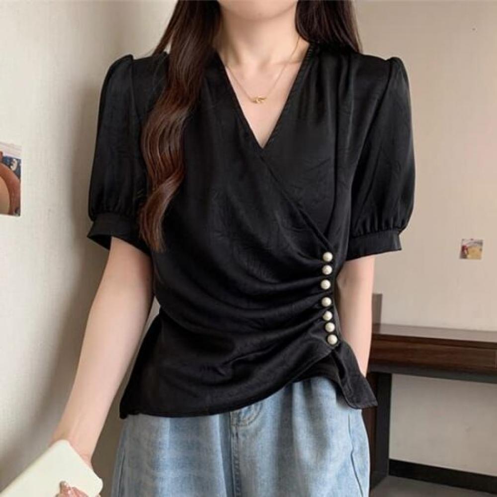 Navava Women Lovely Pearl Button Shirring Wrap Short Sleeve Blouse Nb2817