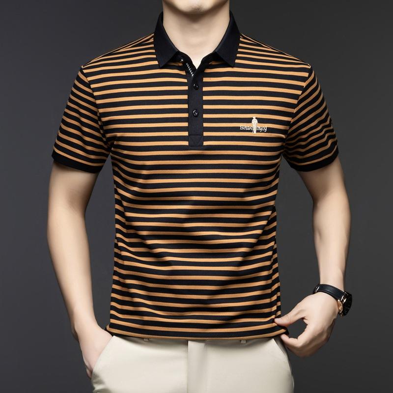 Легкая повседневная мужская вышитая полосатая футболка-поло с коротким рукавом и лацканами, повседневная дышащая футболка