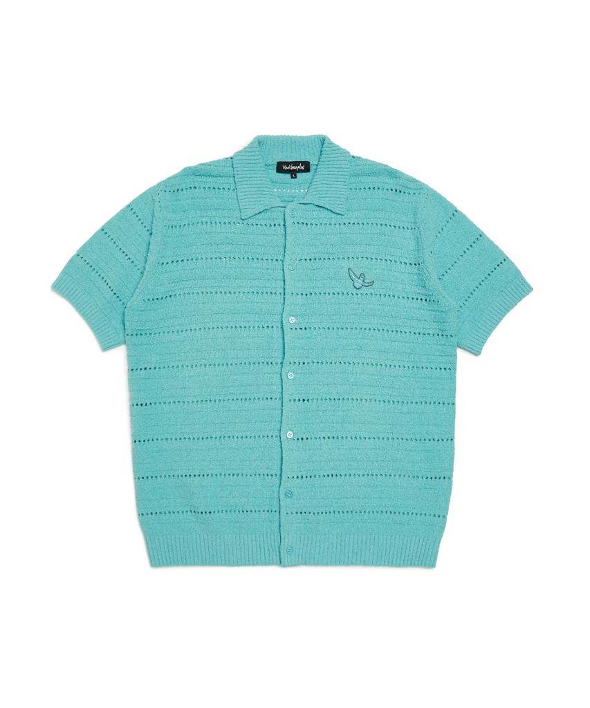 MARK GONZALES Crochet Short Sleeve Knit Cardigan - Teal Blue