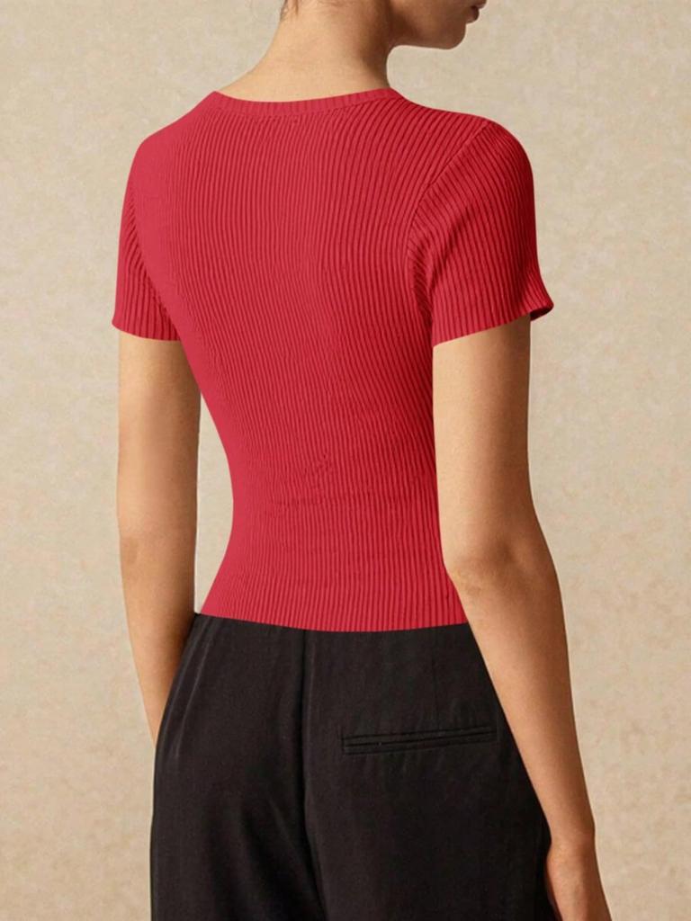 Women's Ribbed Knit Cropped Cardigan Short Sleeve Button Down Slim Fit Sweater Top