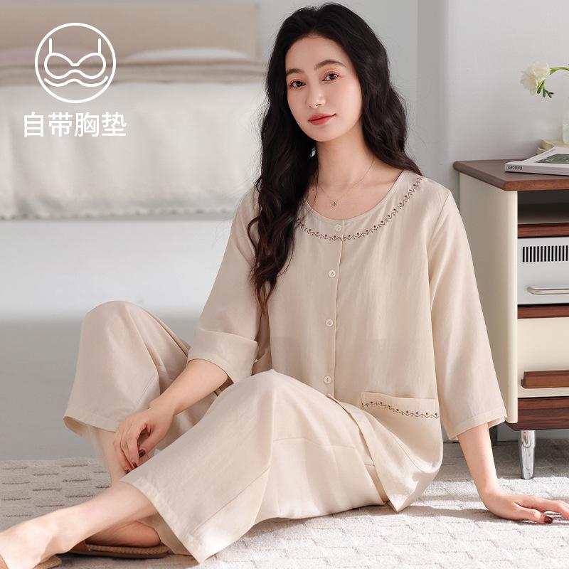 Pajamas Ladies Summer Seven-Point Cuffs Chest Pad Tencel Lyocell Middle-aged Mom Lady Wind No Collar Homewear
