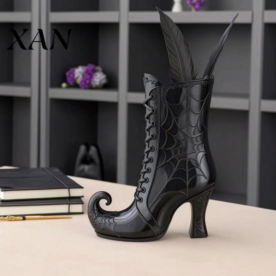 Witch Boot Flower Holder Gothic Vase, Halloween Table Centerpiece Black Spider Web Decorative Mantel Ornament High Heel, for Shelf Coffee Decoration