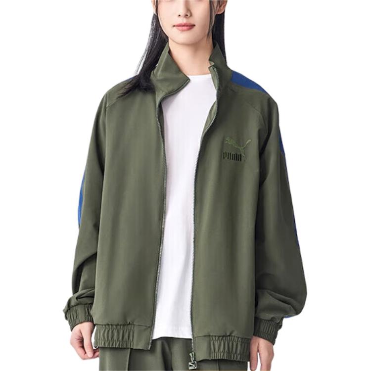 Puma T7 Logo Print Pattern Casual Zipper Stand Shirt Retro Color Block Jacket Unisex Jacket Army-Green 628203-76