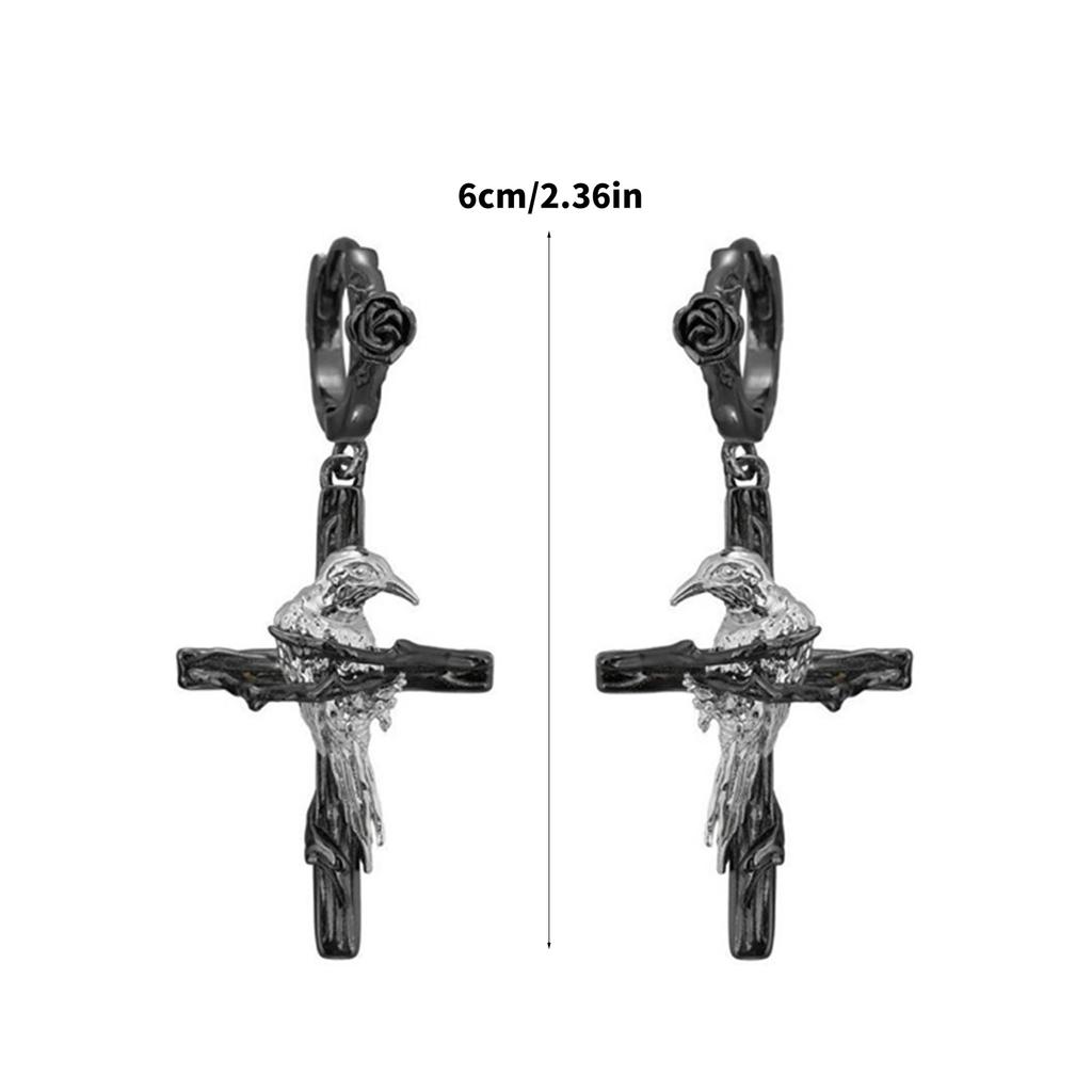 Gothic Cross Raven Punk Earrings Edgy Dark Jewelry Unique Design Ear Studs Alloy Hypoallergenic Ear Jewelry for Women