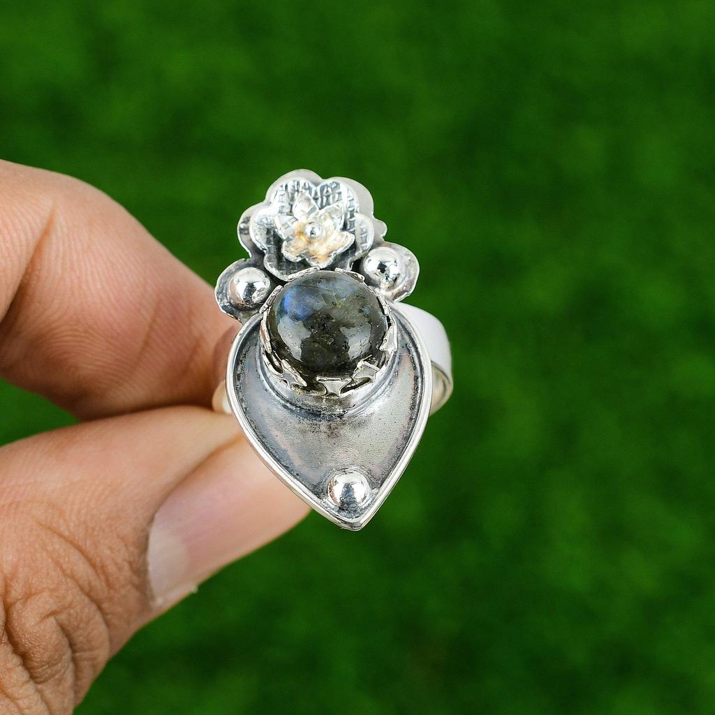 Подарок для нее Серебряное кольцо 925 пробы с натуральным лабрадоритом, обещание, цветок, регулируемое