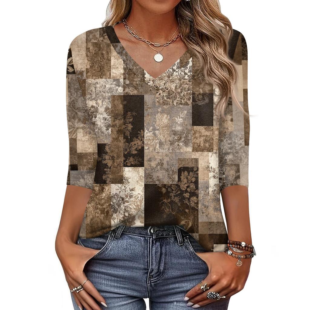 Women's T Shirt Print 3/4 Sleeve Daily Weekend Fashion Basic V- Neck Regular Top