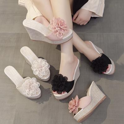 Летние цветы для дома и улицы, сандалии/тапочки с толстой подошвой, однорядные, с застежкой «рыбий рот», модные женские туфли на танкетке большого размера