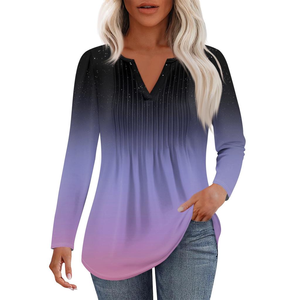 Женская Мода Повседневная Плиссированная Футболка с V-образным Вырезом Однотонная с Длинным Рукавом Элегантные Топы