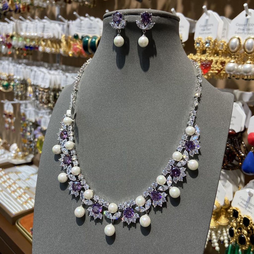 Purple Crystal Zircon Necklace Full Diamond Flower Earrings Banquet Exquisite Accessories Bridal Accessories Set