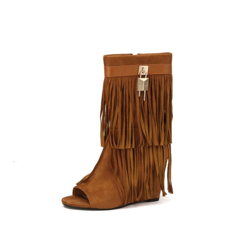 Fashion Designer Fringe Wedges Boot Sandals Woman High Heels Open Toe Party Prom Shoes 2025 Sexy Zipper Female Pumps Women Boots