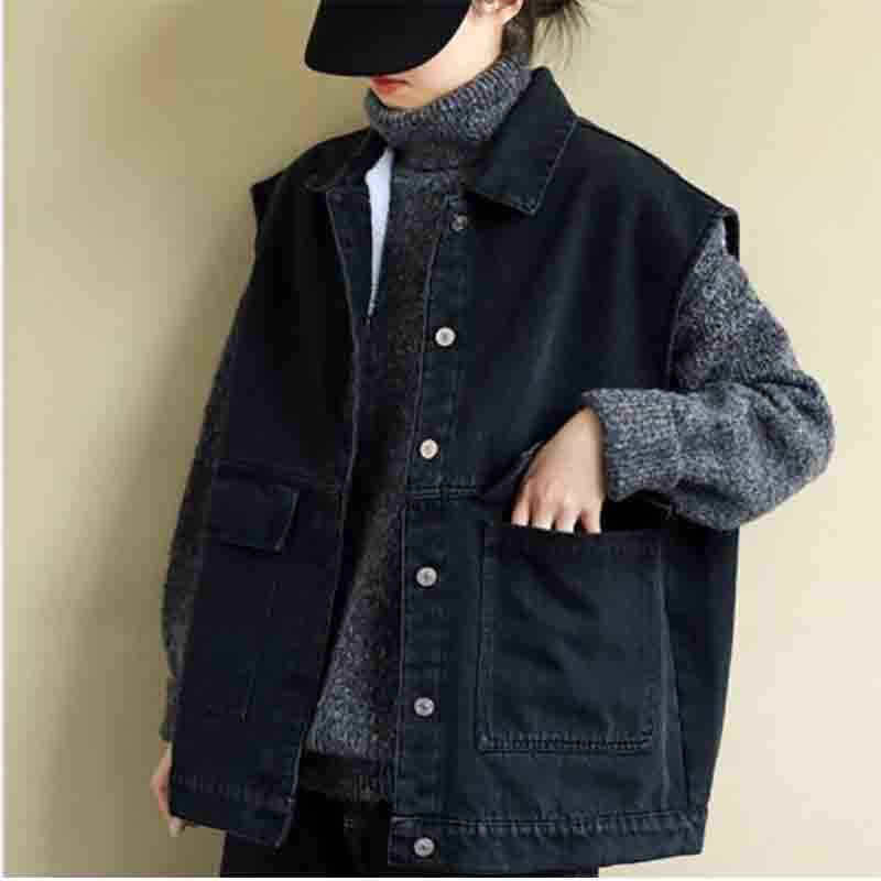 Женская весенне-летняя ретро-литература и искусство, большой размер, свободный универсальный повседневный жилет, однобортная тонкая джинсовая куртка без рукавов, пальто