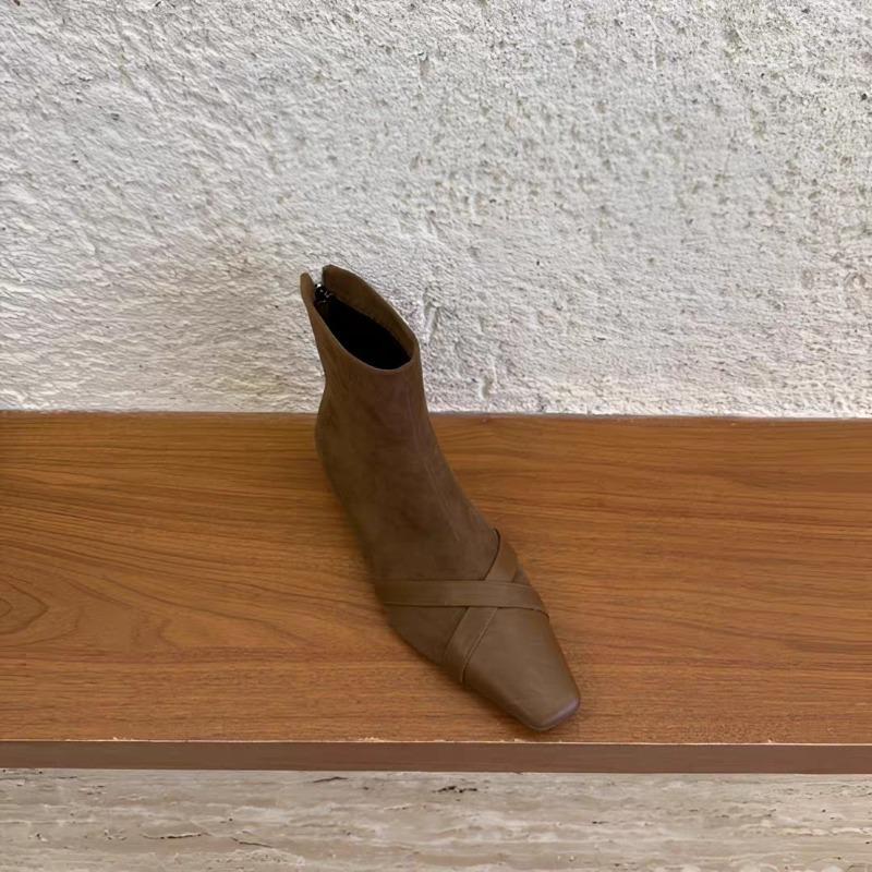 Модные ботильоны на низком каблуке, осенние новинки, квадратный носок, вставки из фланели, молния сзади, мягкая подошва, противоскользящие, износостойкие, одинарные ботинки