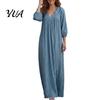 Spring Autumn Dresses Bohemian Ruffle V-Neck Long Dress, 3/4 Sleeves Maxi Dress for Comfortable Women Women, Solid Color Casual Loose Fall