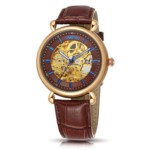 TIME100 Men's Mechanical Watch, Waterproof Skeleton Wristwatch, Easy-to-Read Analog Display, Stylish for Business, Yellow