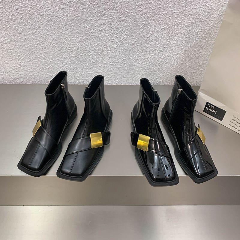 Flat Bottom Square Head Black British Style Small Short Boots 2025 New Spring, Autumn and Winter Retro French Martin Boots Women's Shoes