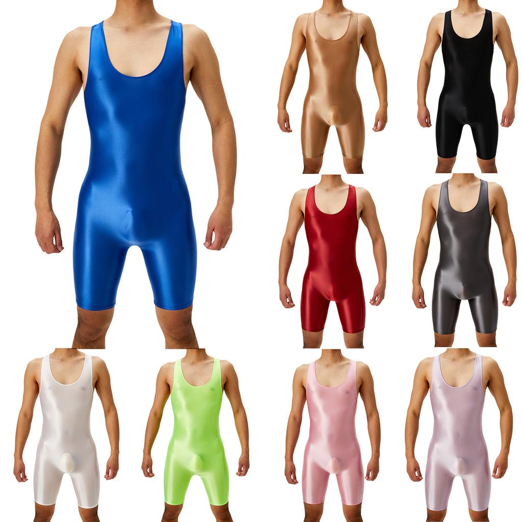 Mens Oil Shiny Wrestling Singlet Scoop Neck Boxer Bottom One Piece Bodysuit Romper for Athletic Sports Competition Gym Training