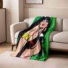 Stylized comic portrait: dark-haired woman with bold colors on green backdrop. for all seasons blanket lunch break throw gift