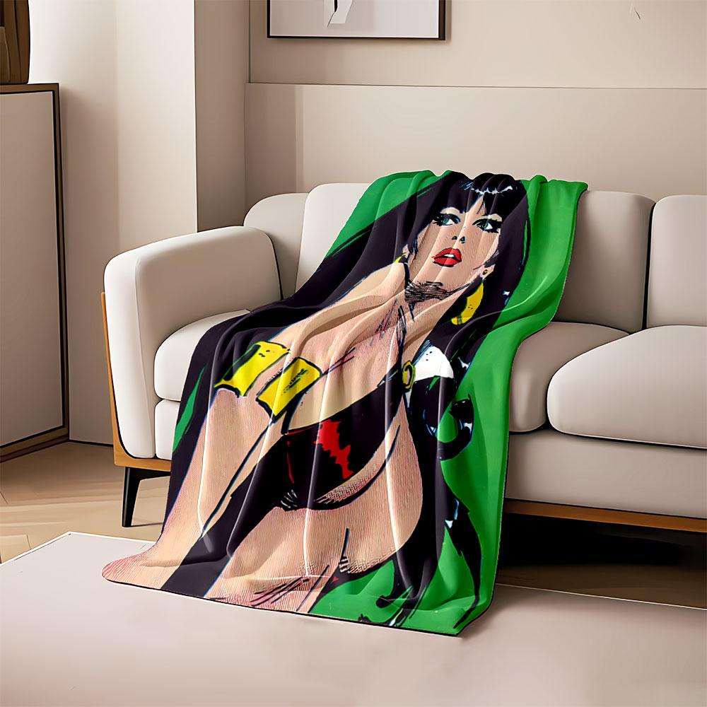 Stylized comic portrait: dark-haired woman with bold colors on green backdrop. for all seasons blanket lunch break throw gift