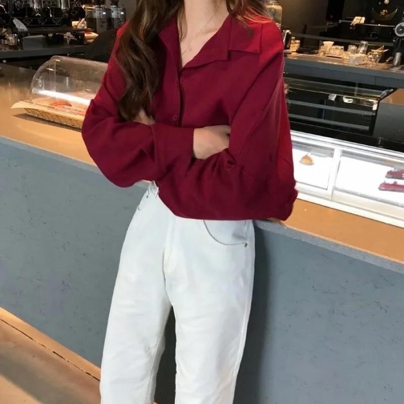 Black Shirts Women Oversized Vintage Chic Korean Fashion Long Sleeve Casual Blouse